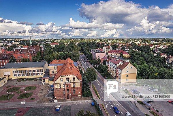 Aerial view from old water tower in Gizycko town in Warmian-Masurian Voivodeship of Poland. View with hospital and school buildings.