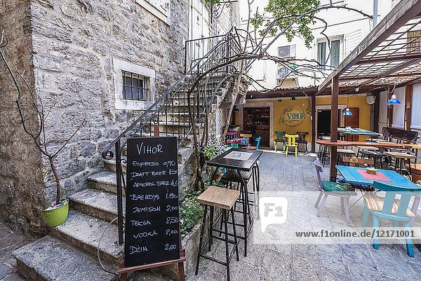 Vihor snack bar on the Old Town of Budva city on the Adriatic Sea coast in Montenegro.