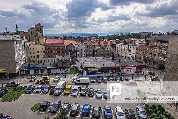 Aerial view of Old Town in Klodzko town  Lower Silesian Voivodeship of Poland  view with Church of the Assumption of the Blessed Virgin Mary.
