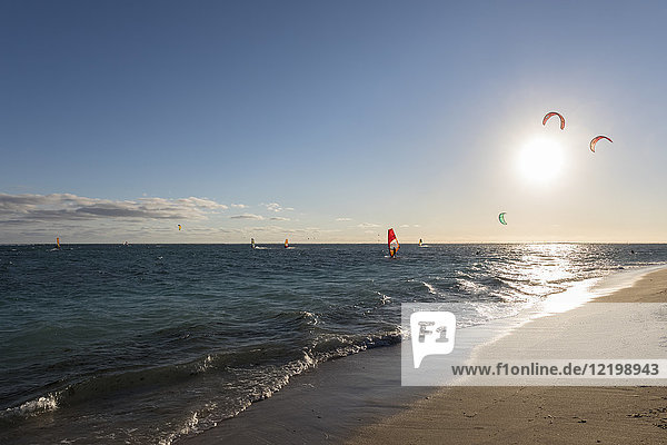 Mauritius  Southwest Coast  beach of Le Morne with kite surfers and sail boarders