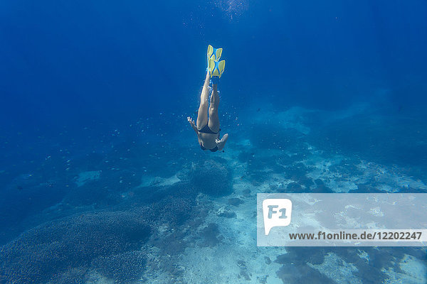 Woman with fins and snorkel diving under water