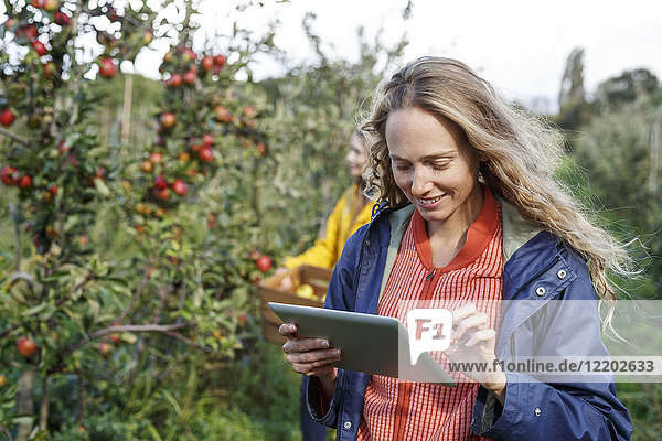Smiling woman using tablet in apple orchard