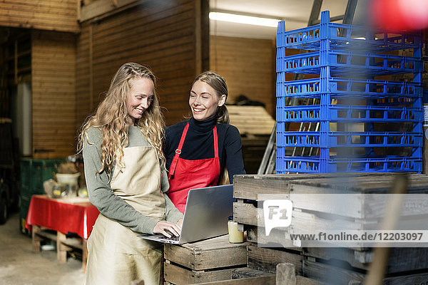 Zwei glückliche Frauen mit Laptop zwischen Kisten auf einem Bauernhof