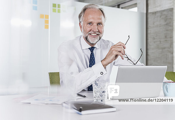 Portrait eines lächelnden reifen Geschäftsmannes am Schreibtisch im Büro mit Laptop