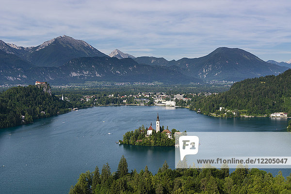 A view from above of Lake Bled and the Assumption of Mary Pilgrimage Church  Bled  Slovenia  Europe