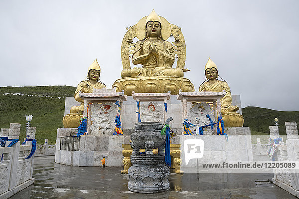 Goldene buddhistische Statuen über dem Amarbayasgalant-Kloster  Berg Buren-Khaan  Bezirk Baruunburen  Provinz Selenge  Mongolei  Zentralasien  Asien