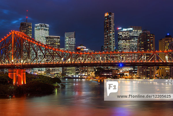 Story Bridge and Brisbane city skyline after dark  Queensland  Australia  Pacific
