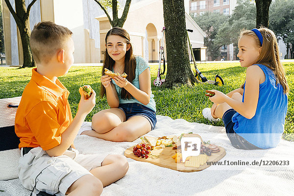 Lächelnder kaukasischer Bruder und Schwestern essen beim Picknick
