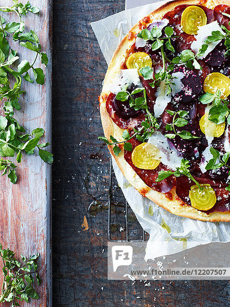 Fresh pizza with salad leaf and beetroot  overhead view