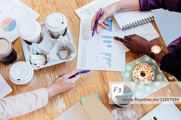 Cropped overhead view of doughnuts and coffees on desk