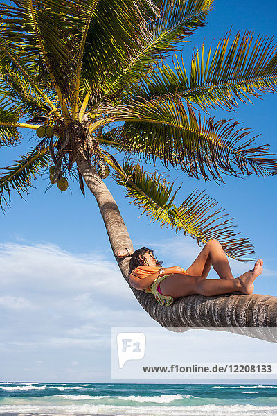 Junge Frau beim Sonnenbaden auf einem Palmenstamm am Strand  Tulum  Quintana Roo  Mexiko