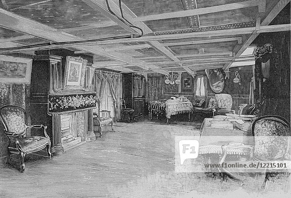 Cabin of Admiral Gervais on board of Bouvet flagship during the Naval Review in Cherbourg Harbour  Picture from the French weekly newspaper l'Illustration  21th July 1900.