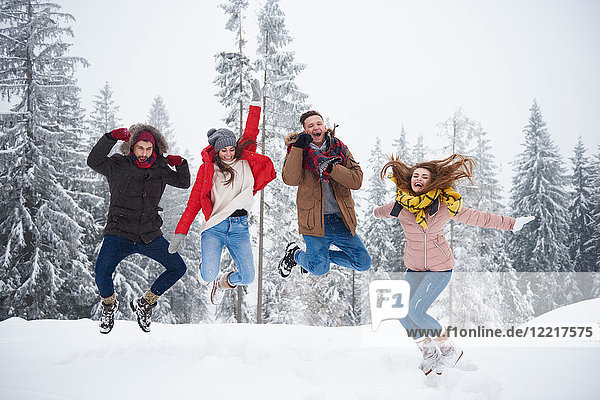 Friends jumping in snow