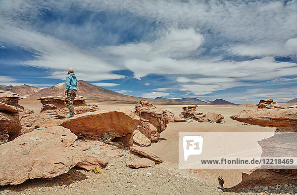 Woman standing on rock  looking at view  Villa Alota  Potosi  Bolivia  South America