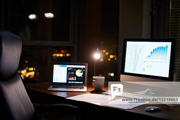 Laptop and computer on office desk at night