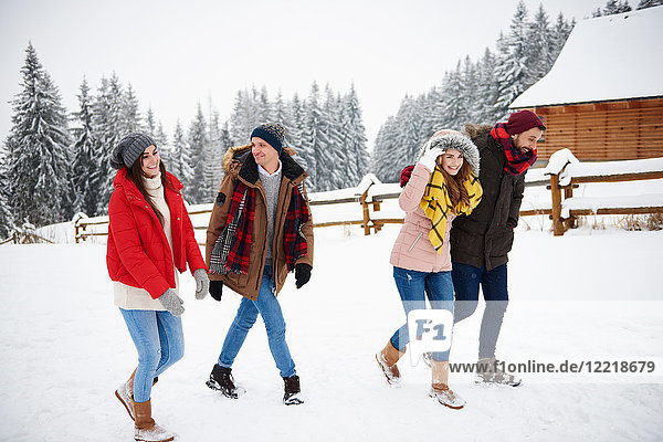 Freunde wandern im Schnee