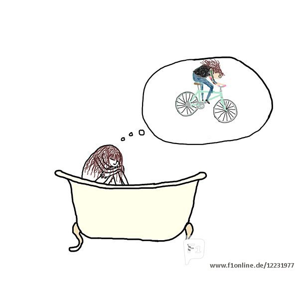 Frau sitzt in der Badewanne und träumt davon  Fahrrad zu fahren Animation