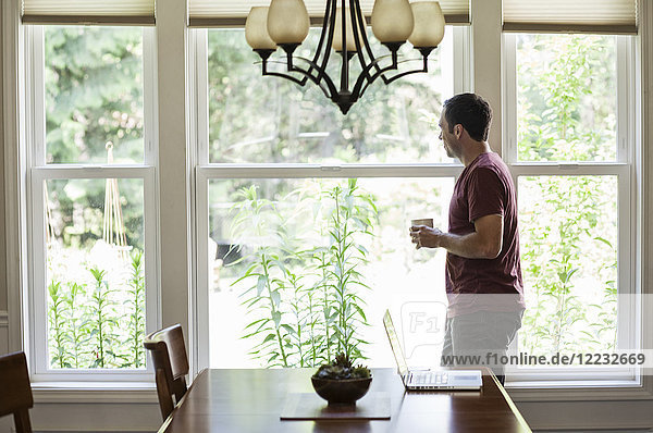 Caucasian businessman working from home using his lap top computer.