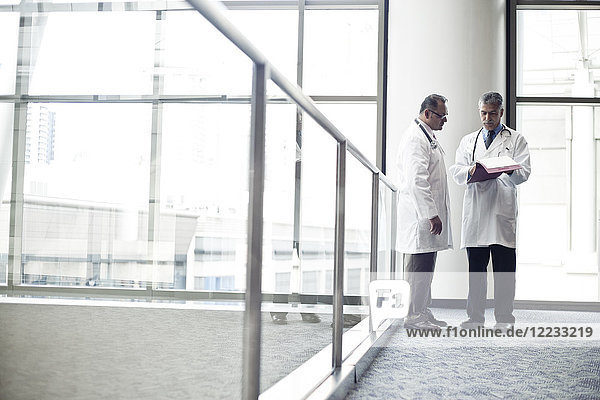Middle Eastern and black male doctors conferring on medical case.