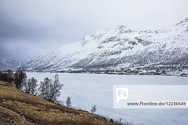 Snow covered mountains and fjord Austpollen Hinnoya Norway