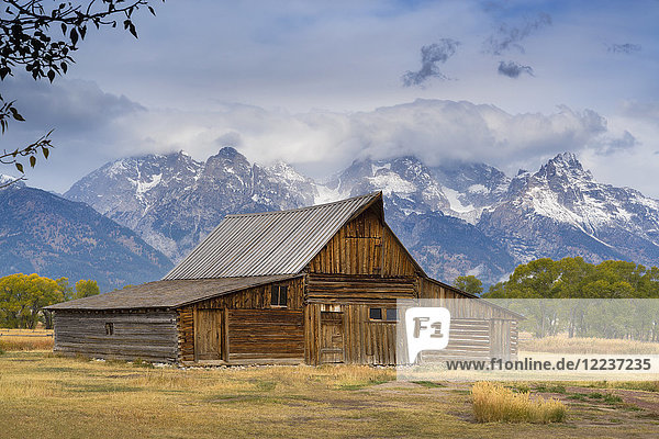 USA  Wyoming  Grand Teton National Park  Moulton Barn  Holzscheune auf einer Wiese