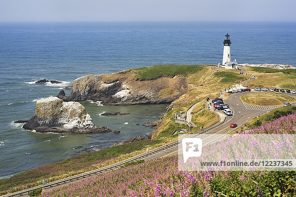 USA, Oregon, Yaquina Head Lighthouse, Aerial view of lighthouse on sea coast