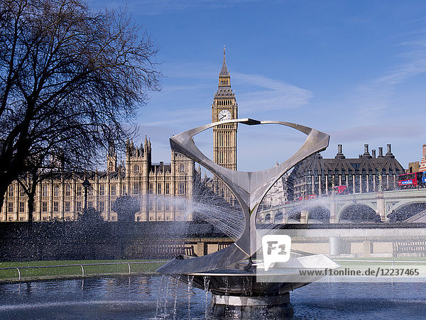The Gabo Fountain and Big Ben  London  England  Great Britain  Europe
