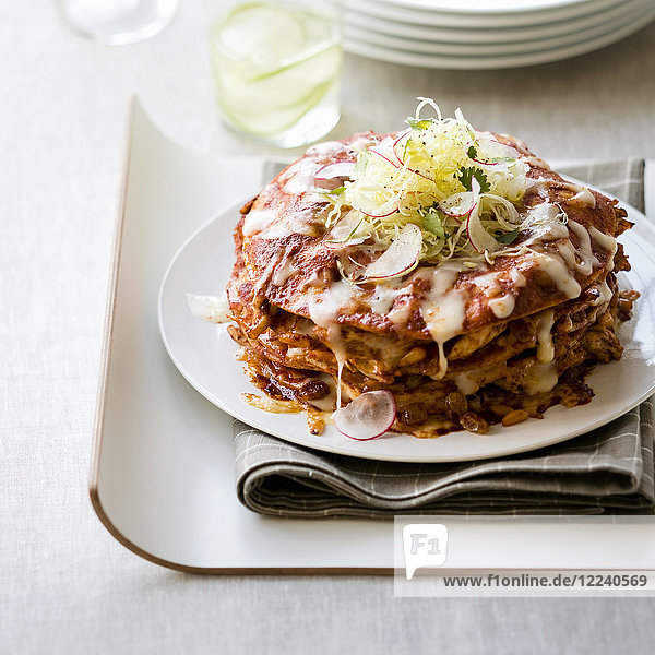A stack of enchiladas with minced meat  beans and cheese (Mexico)