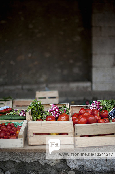 Tomaten und Radieschen in Gemüsekisten