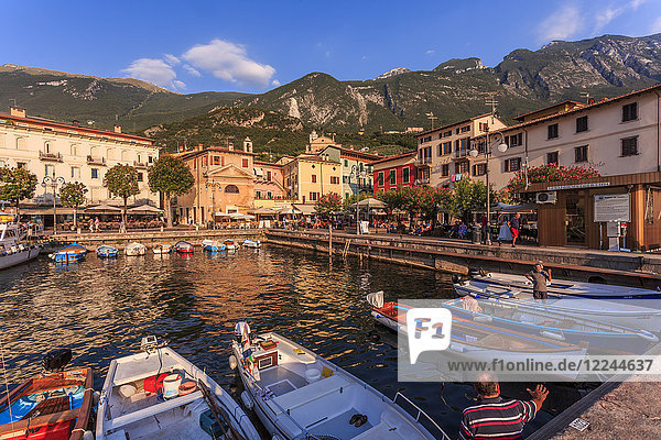 Blick auf Boote im Hafen von Malcesine am See  Malcesine  Gardasee  Veneto  Italienische Seen  Italien  Europa