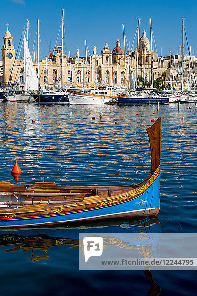 Traditional boat moored in Grand Harbour marina at Birgu  Valletta  Malta  Mediterranean  Europe