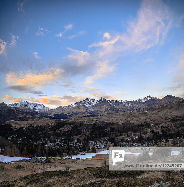 Panoramic of Madesimo at dawn Spluga Valley Sondrio province Valtellina Lombardy Italy Europe