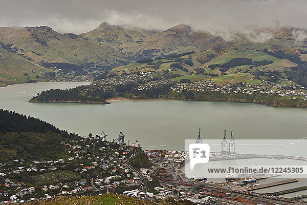 View of Lyttelton Harbour from summit of Christchurch Gondola  Heathcote Valley  Christchurch  Canterbury  South Island  New Zealand  Pacific