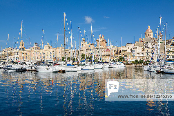 Boats moored in Grand Harbour marina at Birgu  Valletta  Malta  Mediterranean  Europe