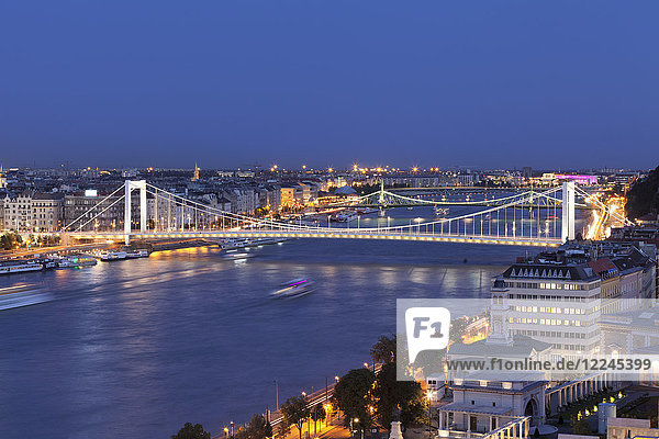 Blick über die Donau auf die Elisabethbrücke und die Freiheitsbrücke  Budapest  Ungarn  Europa