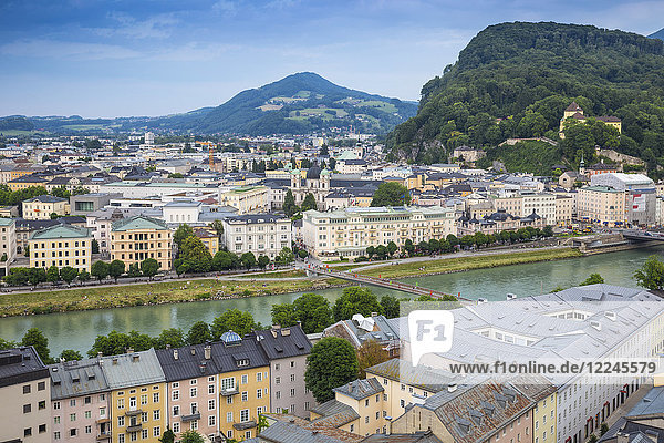 View of Salzach River with The Old City to the right and the New City to the left  Salzburg  Austria  Europe