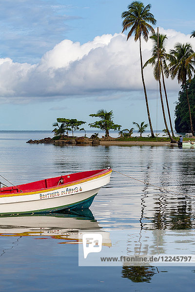 Traditionelles Fischerboot an der Marigot Bay mit hohen Palmen am kleinen Strand in der Ferne  St. Lucia  Windward Islands  Westindische Inseln  Karibik  Mittelamerika