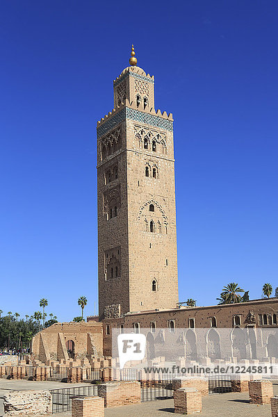 Minaret of the Koutoubia Mosque  12th century  Marrakesh (Marrakech)  Morocco  North Africa  Africa