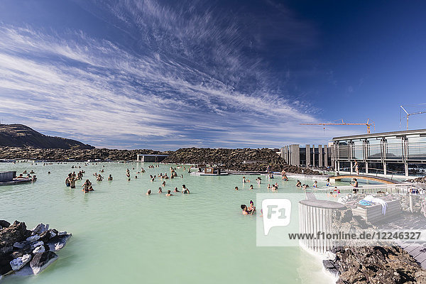 Guests enjoy the thermal waters of the Blue Lagoon (Blaa Ionid) Iceland Polar Regions