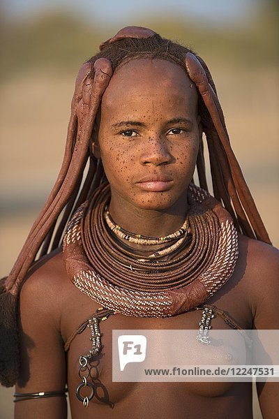 Young  married female Himbafrau with necklace  portrait  Kaokoveld  Kunene  Namibia  Africa
