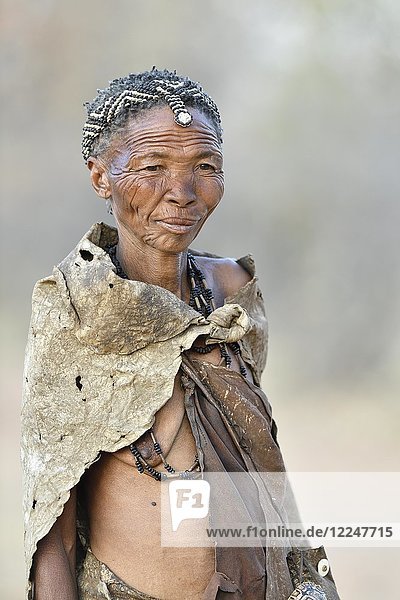 Old San woman  Bushman tribe  portrait  Kalahari  Namibia  Africa