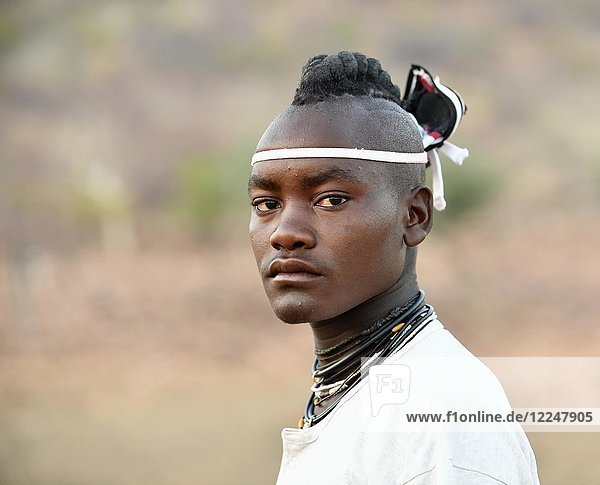 Junger Himbamann mit traditioneller Haartracht Portrait Kaokoveld Namibia Afrika
