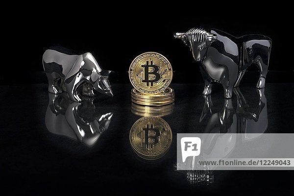 Digitale Währung  Bitcoin-Münzen mit Bulle und Bär