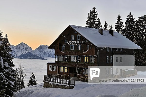 Alpine guest house Loas in a winter landscape at dusk  Schwaz  Tyrol  Austria  Europe