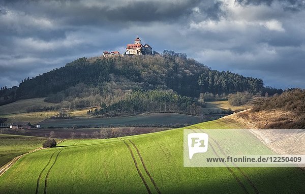 Autumnal fields with furrows at castle Wachsenburg  one of the Drei Gleichen  Thuringia  Germany  Europe