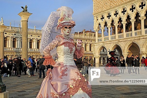 Weibliche Verkleidung mit venezianischer Maske auf der Piazzetta  Karneval in Venedig  Italien  Europa