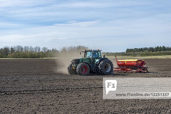 Traktor mit Sämaschine bei der Bearbeitung eines Feldes im Frühjahr  Syddanmark  Dänemark  Europa