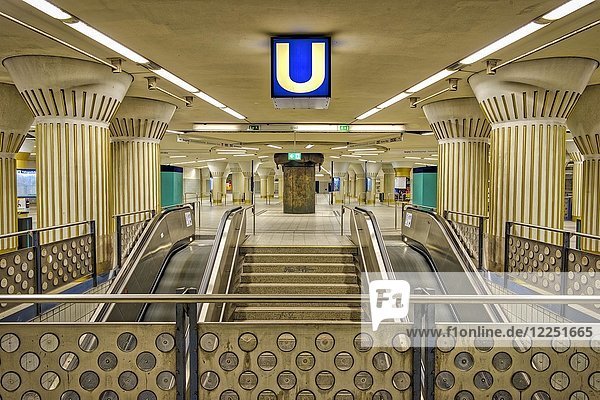Intermediate floor of the subway station Bockenheimer Warte with escalator to the platforms  Bockenheim  Frankfurt am Main  Hesse  Germany  Europe
