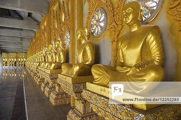 Reihe goldener Buddha-Statuen im Korridor der Phra Maha Chedi Chai Mongkhon Pagode  Wat Pha Nam Yoi Temple  Phuttha-Utthayan Park  Provinz Roi Et  Isan  Nordost  Thailand  Asien