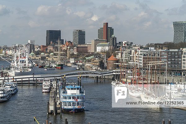 Stadtansicht mit Hafen und St. Pauli Landungsbrücken  Hamburg  Deutschland  Europa